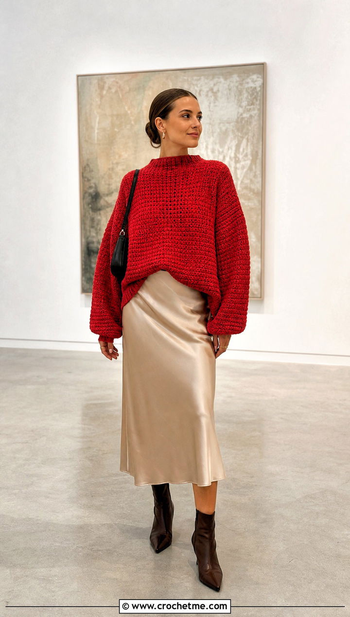 Oversized Drop Shoulder Mock Knit Crochet Sweater With Satin Midi Skirt - 15 Mock Knit Crochet Sweater outfit ideas