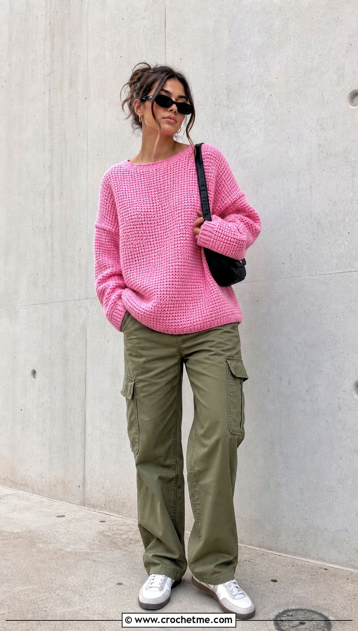 Oversized Drop Shoulder Tunisian Crochet Pullover With Cargo Pants - 25 Tunisian Crochet Pullover outfit ideas