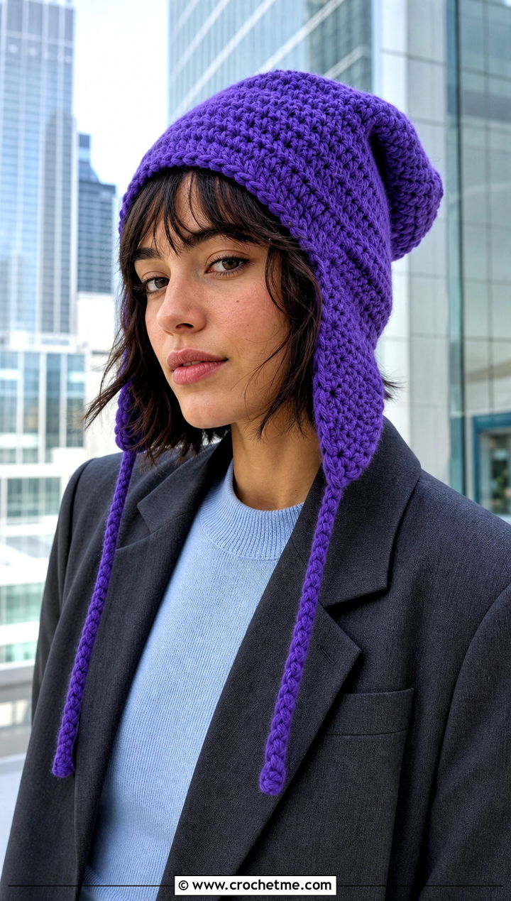Oversized Ear Flap Beanie With Longline Blazer - 30 crochet ear flap beanie outfit ideas