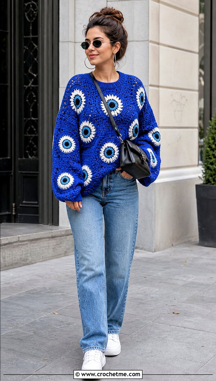 Oversized Evil Eye Granny Square Sweater With Straight Leg Jeans - 20 Evil Eye Crochet Sweater outfit ideas