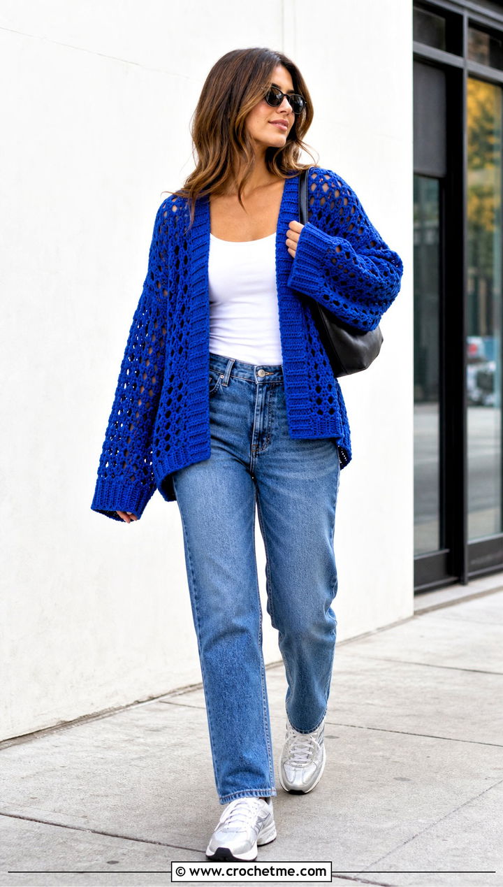 Oversized Eyelet Grandpa Crochet Sweater With Straight Jeans - 15 Grandpa Crochet Sweater outfit ideas