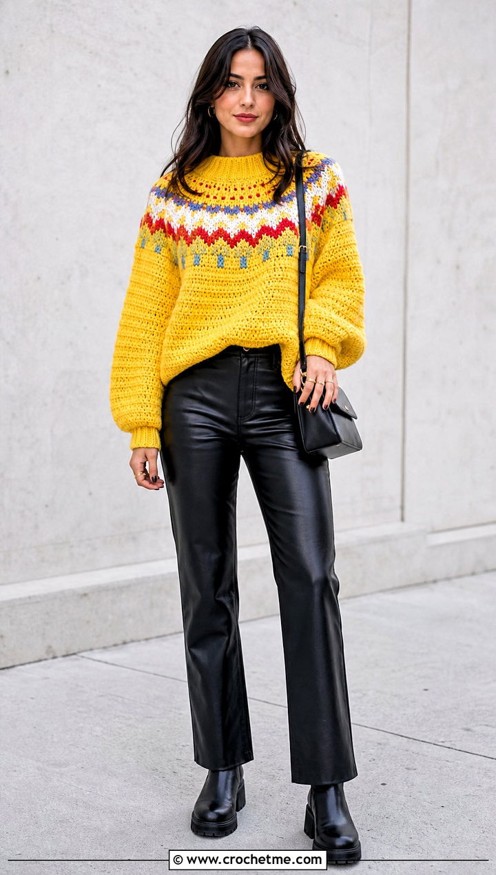 Oversized Fair Isle Crochet Sweater With Leather Pants - 25 fair isle crochet sweater outfit ideas