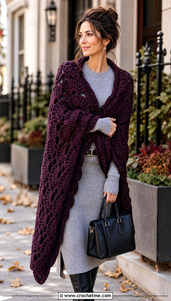 Oversized Fan Stitch Shawl With Knit Dress - 20 Crochet Fan Stitch Shawl outfit ideas
