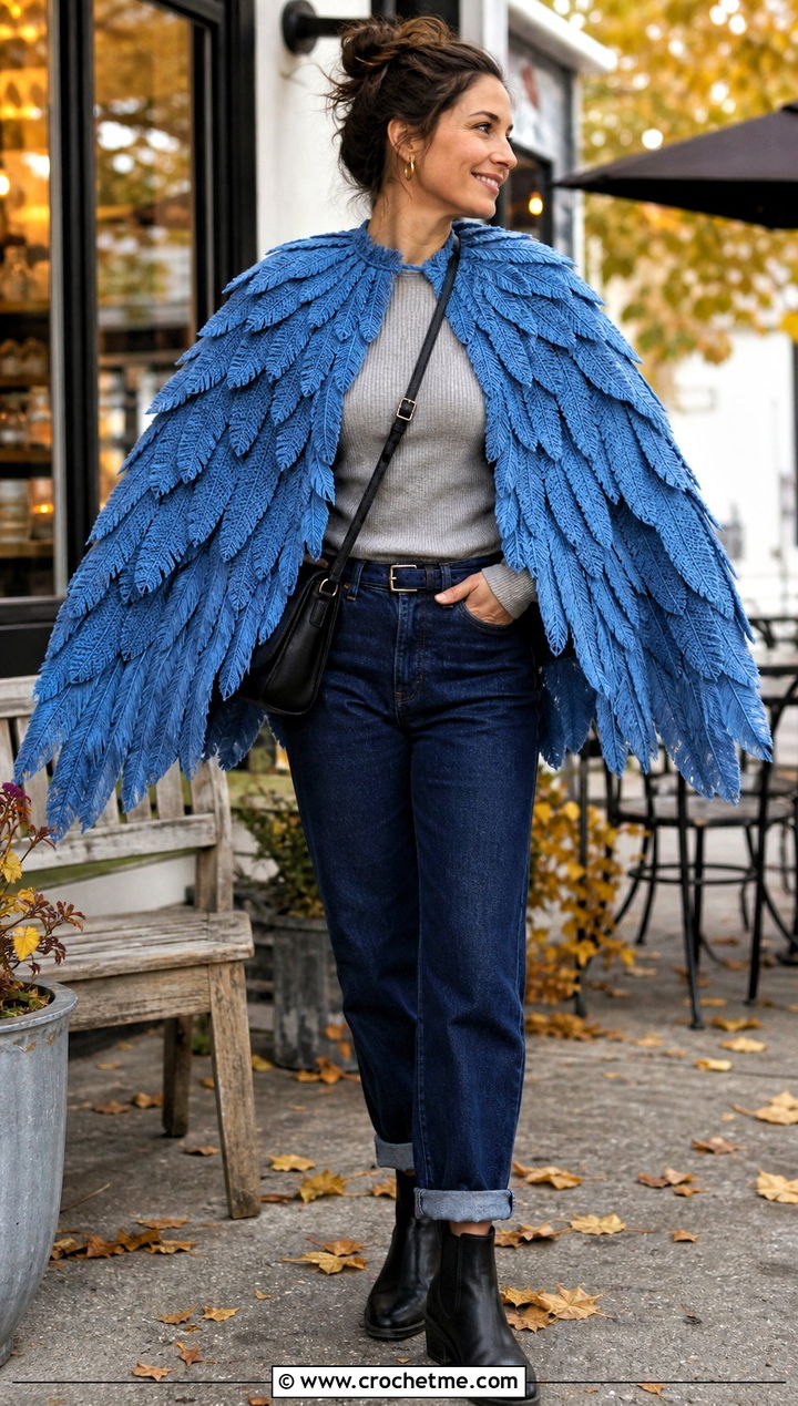 Oversized Feather Wing Shawl With Sweater And Jeans - 30 crochet feather shawl outfit ideas