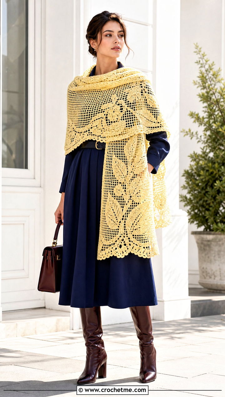 Oversized Filet Crochet Shawl Scarf With A Belted Dress And Boots - 35 filet crochet scarf outfit ideas