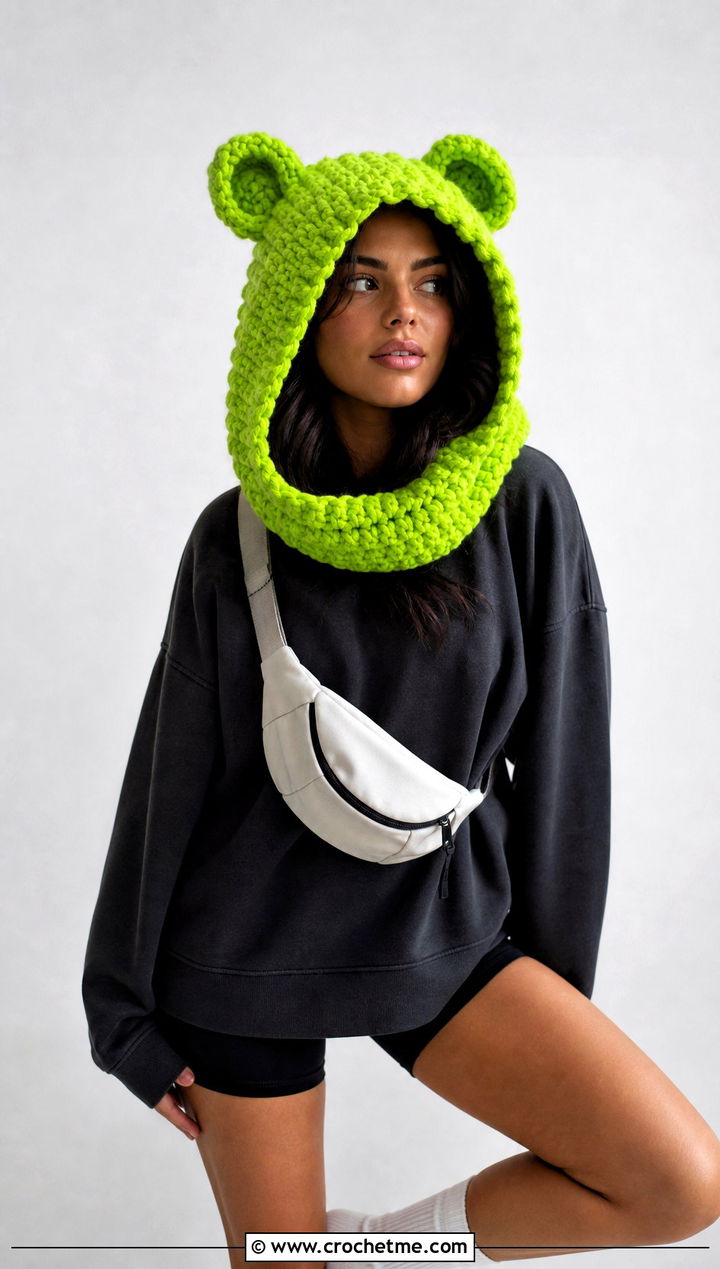 Oversized Finn Crochet Hood With Sweatshirt And Bike Shorts - 15 Adventure Time Crochet Fin Hat outfit ideas