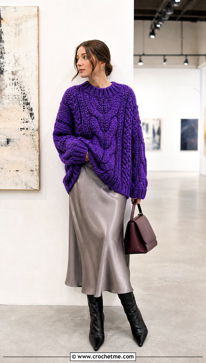 Oversized Fisherman Crochet Sweater With Satin Midi Skirt - 25 Fisherman Crochet Sweater outfit ideas