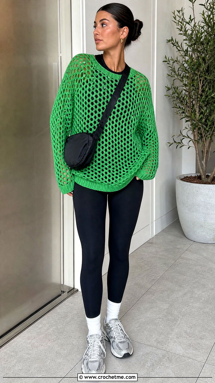 Oversized Fishnet Crochet Mesh Sweater With Black Leggings - 35 crochet mesh sweater outfit ideas
