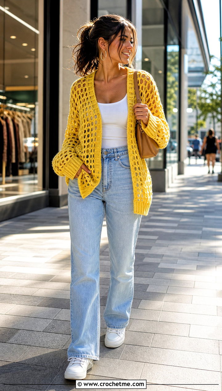 Oversized Fishnet Crochet Sweater With Straight Leg Jeans - 30 mesh crochet sweater outfit ideas