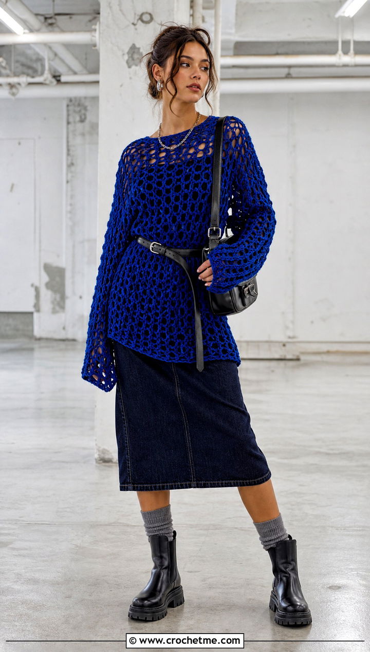 Oversized Fishnet Crochet Top With Denim Dress - 35 grunge crochet top outfit ideas