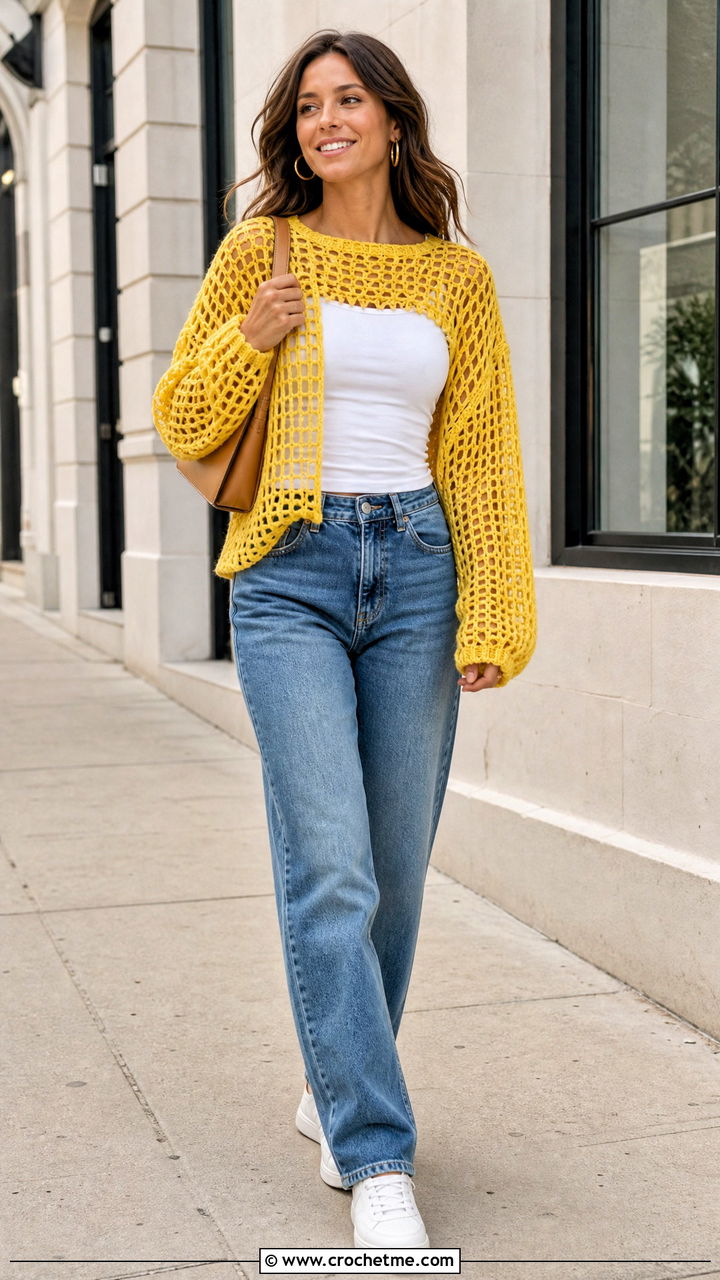 Oversized Fishnet Sweater With Straight Leg Jeans - 35 crochet net sweater outfit ideas