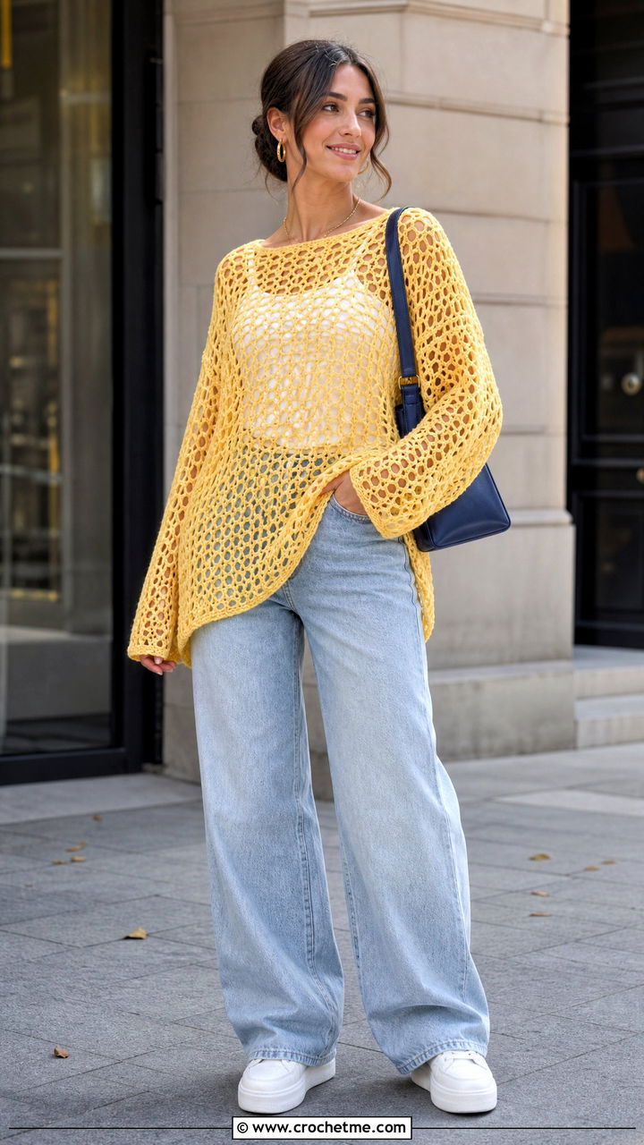 Oversized Fishnet Top With Wide Leg Jeans - 35 crochet net top outfit ideas