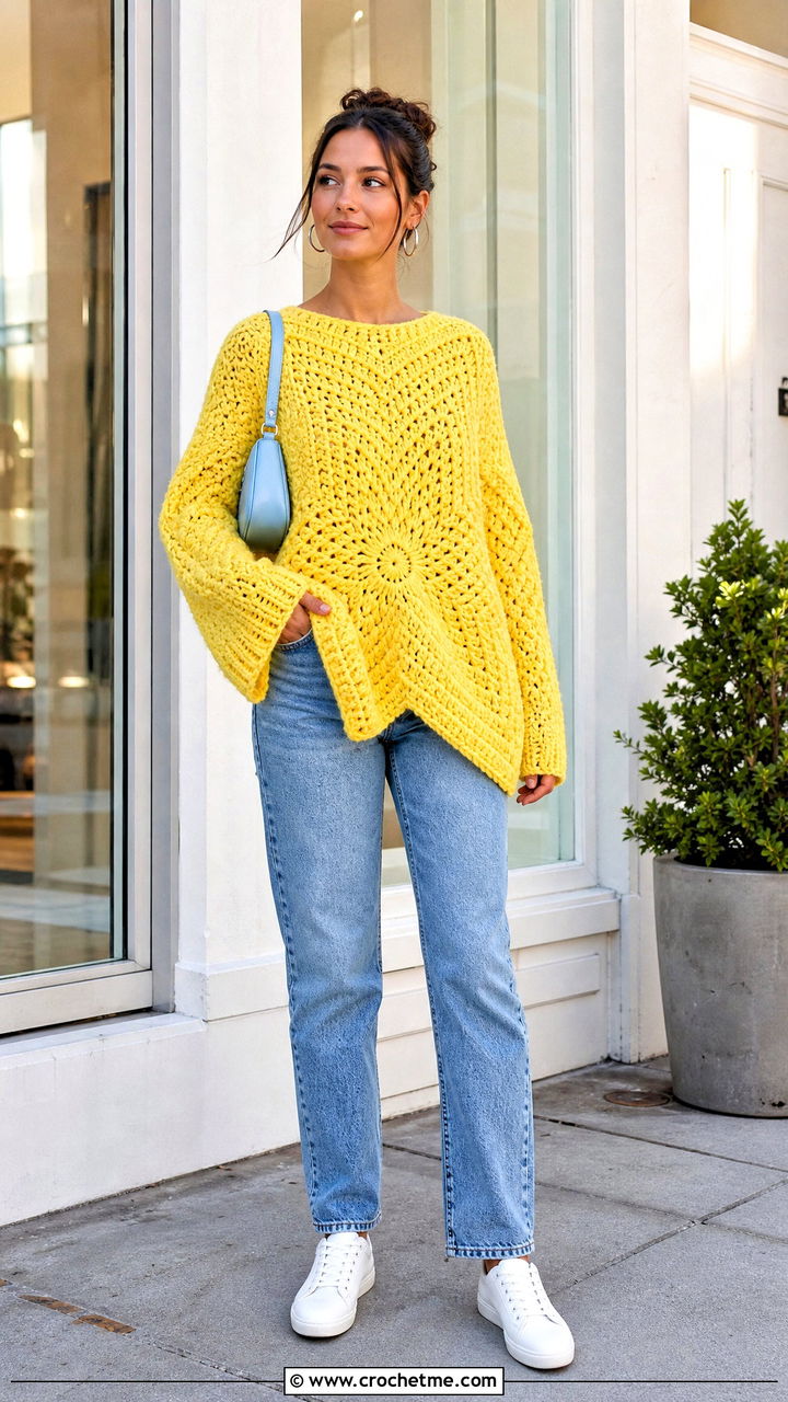 Oversized Five Point Star Sweater With Straight Leg Jeans - 35 crochet star sweater outfit ideas