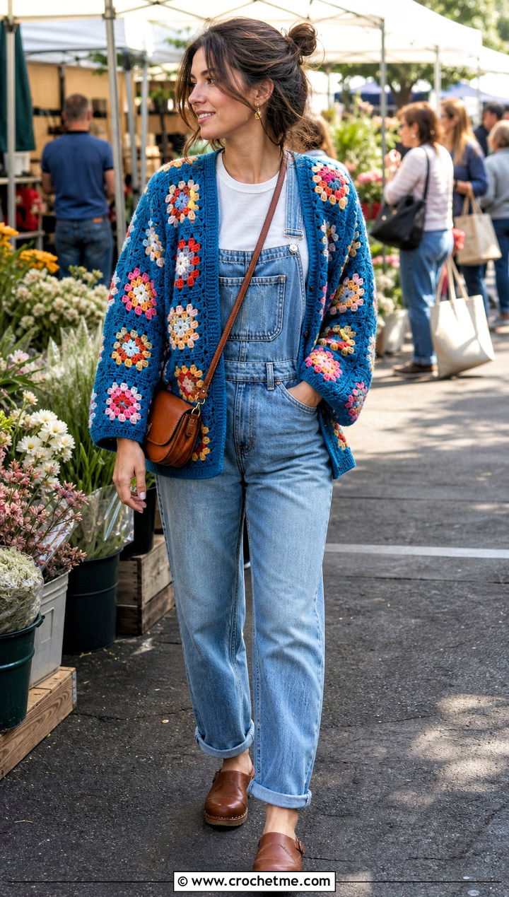 Oversized Floral Cotton Granny Square Cardigan With Denim Overalls - 25 cotton granny square cardigan outfit ideas