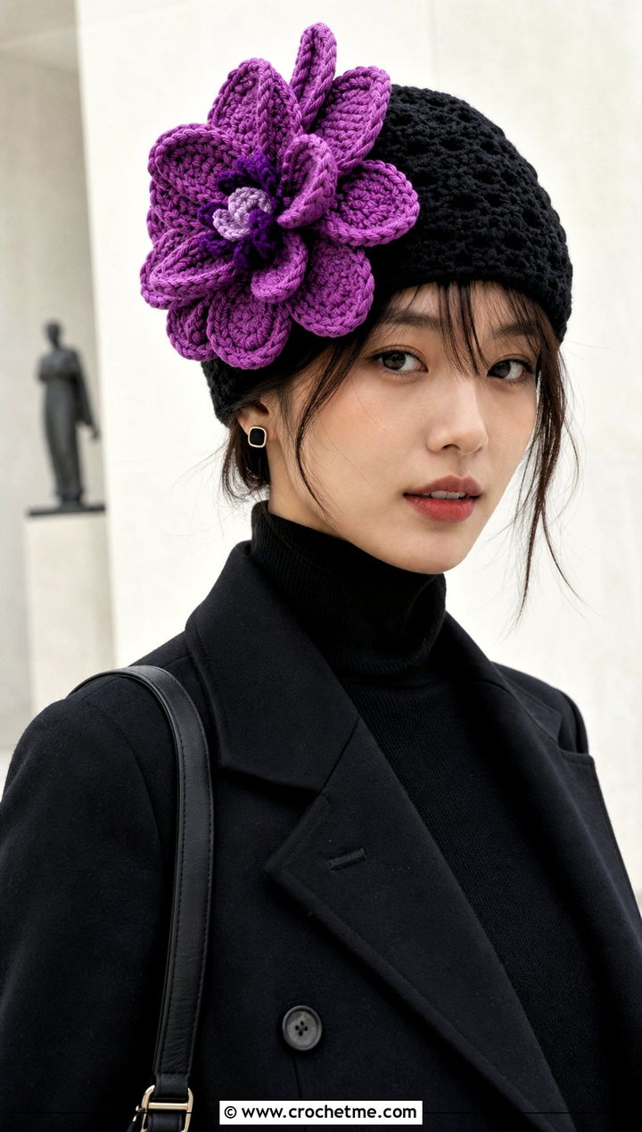 Oversized Flower Crochet Beanie With Minimal Black Outfit - 30 crochet flower beanie outfit ideas