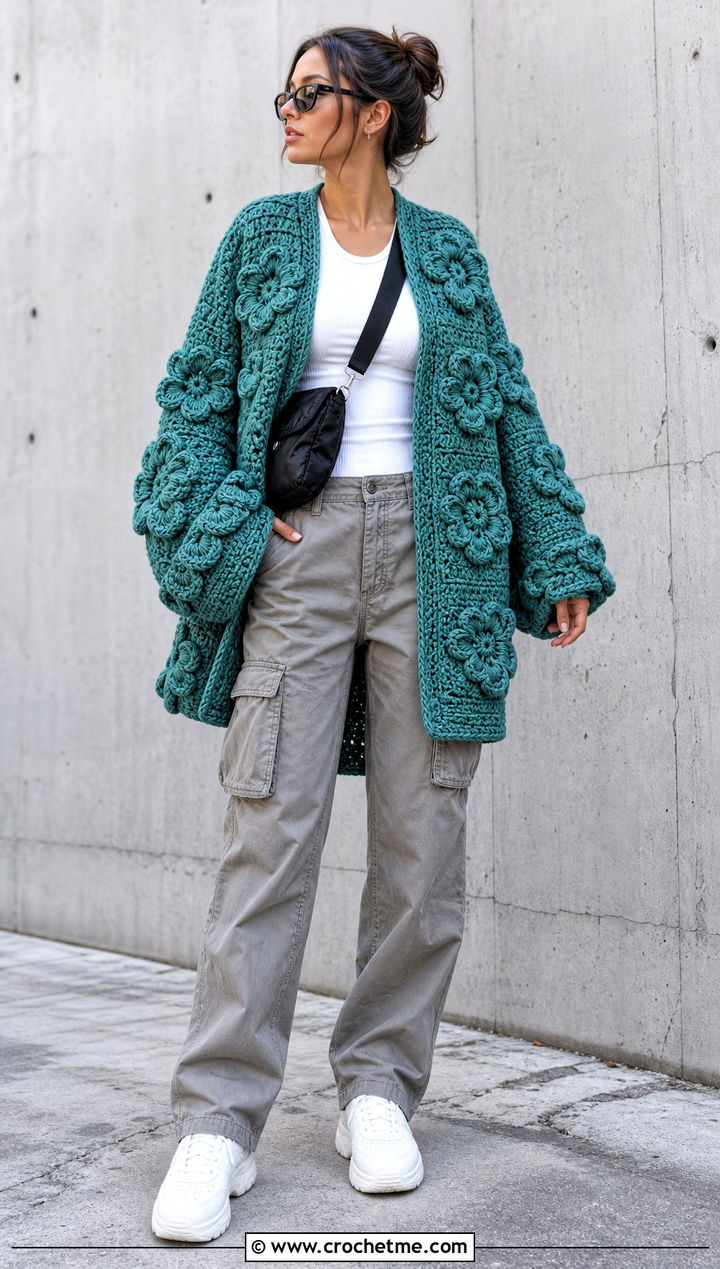 Oversized Flower Crochet Cardigan With Cargo Pants - 25 Flower Crochet Cardigan outfit ideas