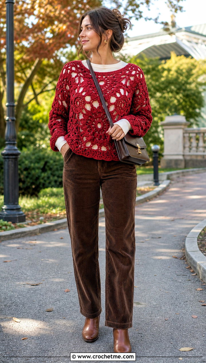 Oversized Flower Crochet Pullover With Corduroy Pants - 25 flower crochet tops outfit ideas