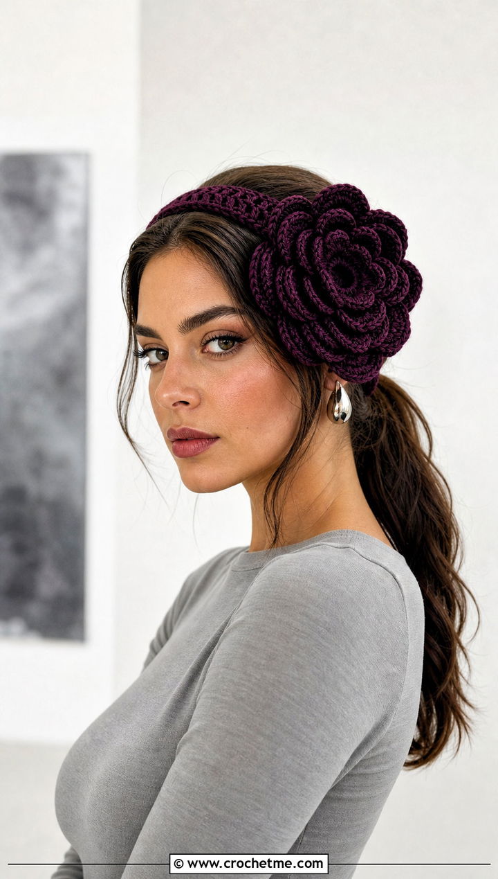 Oversized Flower Elastic Crochet Headband With Minimalist Outfit - 15 crochet flower headband with elastic outfit ideas
