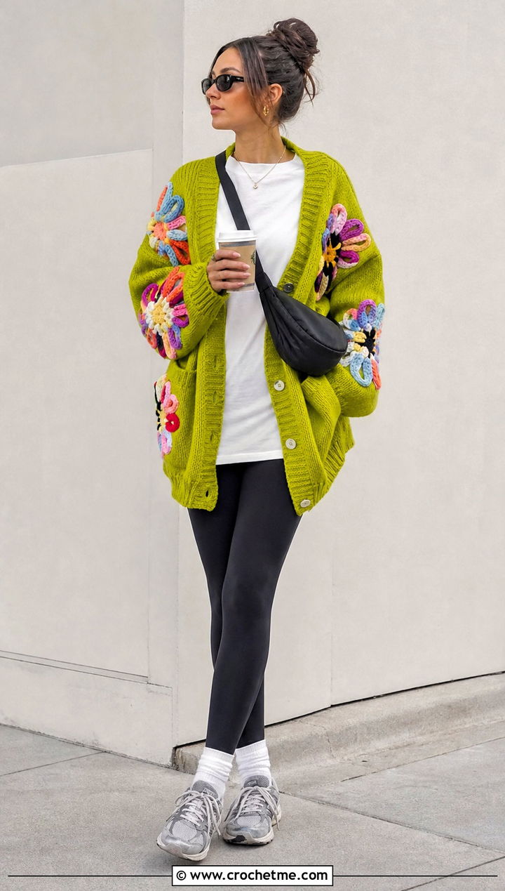 Oversized Flower Patchwork Cardigan With Leggings - 30 crochet flower cardigan outfit ideas