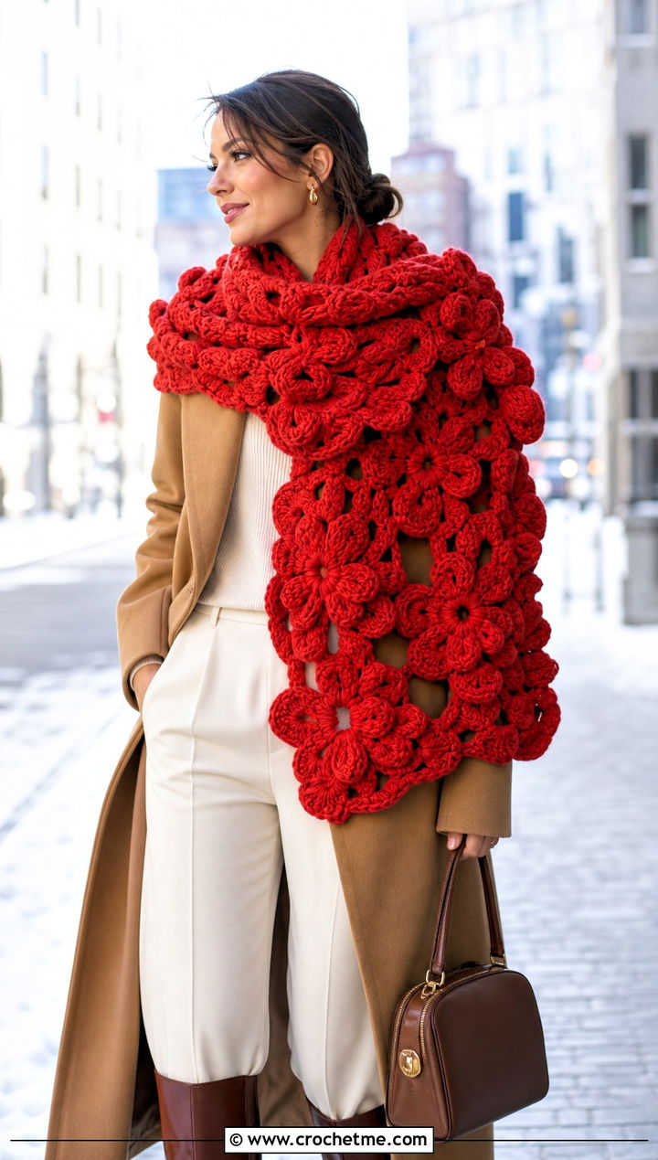 Oversized Flower Wrap Scarf With Long Coat - 30 crochet scarf with flowers outfit ideas