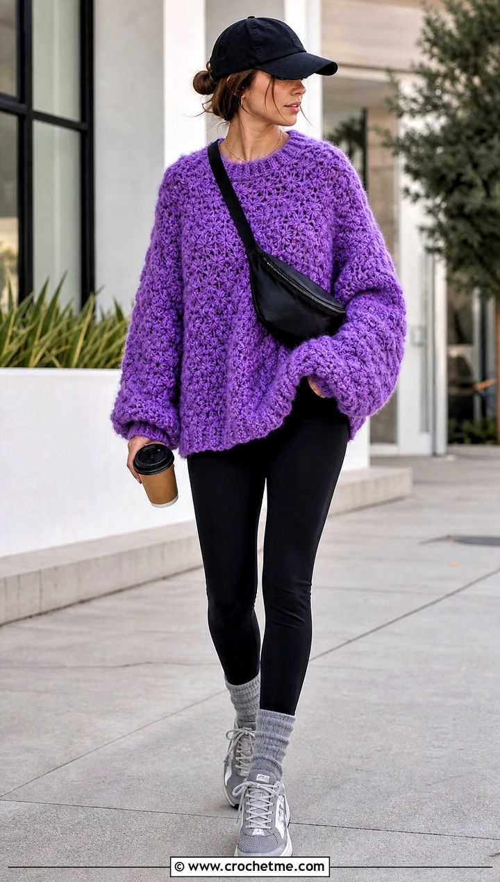 Oversized Fluffy Crochet Sweater With Leggings - 35 fluffy crochet sweater outfit ideas