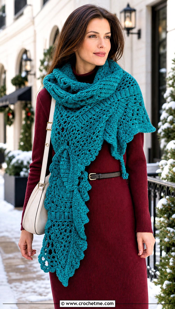 Oversized Freeform Crochet Wrap Scarf With Sweater Dress And Boots - 25 Freeform Crochet Scarf outfit ideas