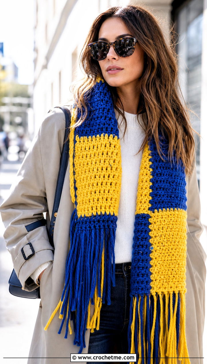 Oversized Fringed Color Block Crochet Scarf With Trench Coat - 25 Color Block Crochet Scarf outfit ideas