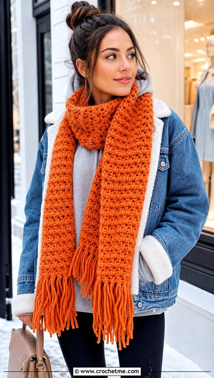 Oversized Fringed Crochet Winter Scarf With Denim Jacket - 35 crochet winter scarf outfit ideas