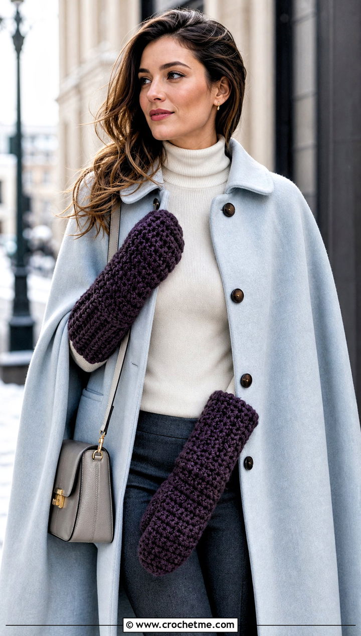 Oversized Gauntlet Bulky Crochet Mittens With Cape Coat And Tall Boots - 15 Bulky Crochet Mittens outfit ideas