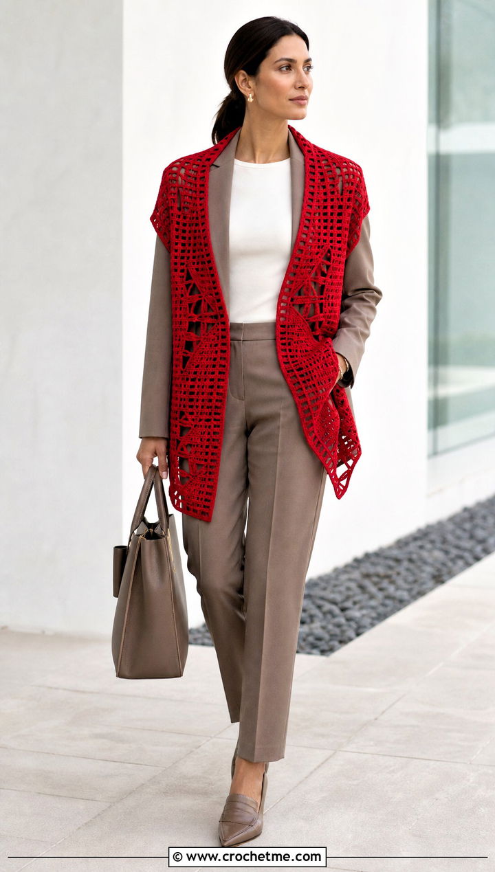 Oversized Geometric Crochet Vest With Matching Suit - 30 oversize crochet vest outfit ideas