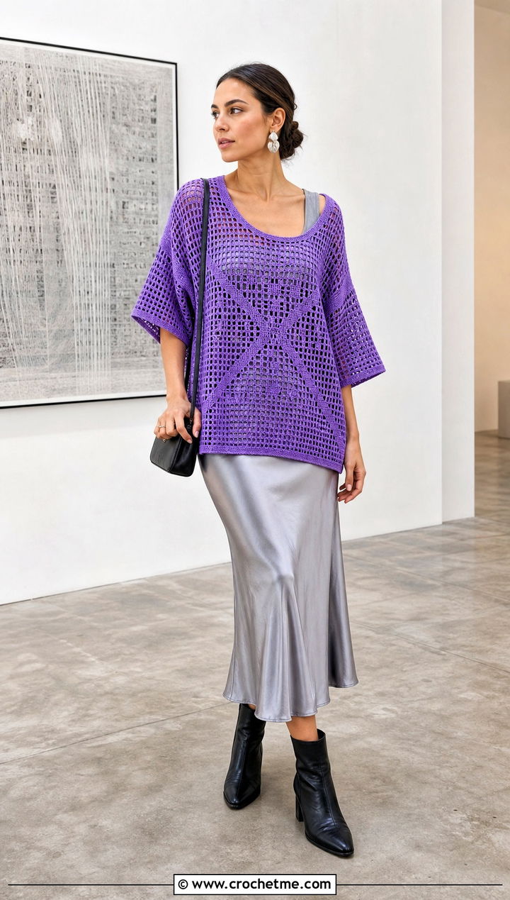 Oversized Geometric Filet Crochet Tee With Slip Skirt - 30 filet crochet shirt outfit ideas