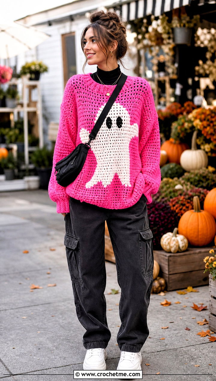 Oversized Ghost Halloween Crochet Jumper With Cargo Pants - 15 Halloween Crochet Jumper outfit ideas