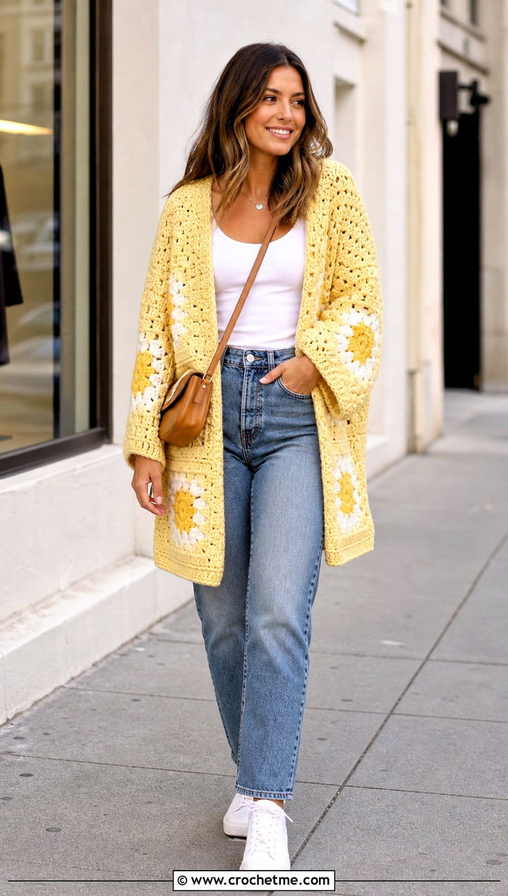 Oversized Giant Granny Square Cardigan With Straight Leg Jeans - 35 giant granny square cardigan outfit ideas