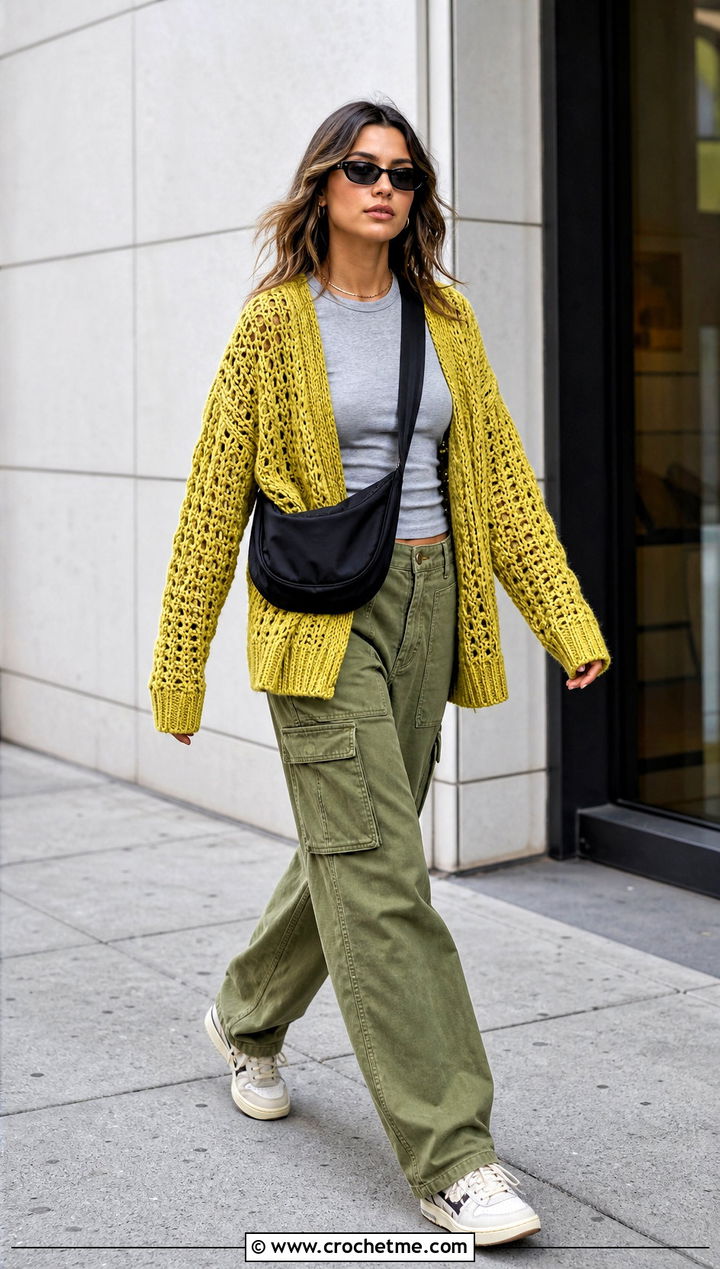 Oversized Gold Crochet Cardigan With Cargo Pants - 15 gold crochet cardigan outfit ideas