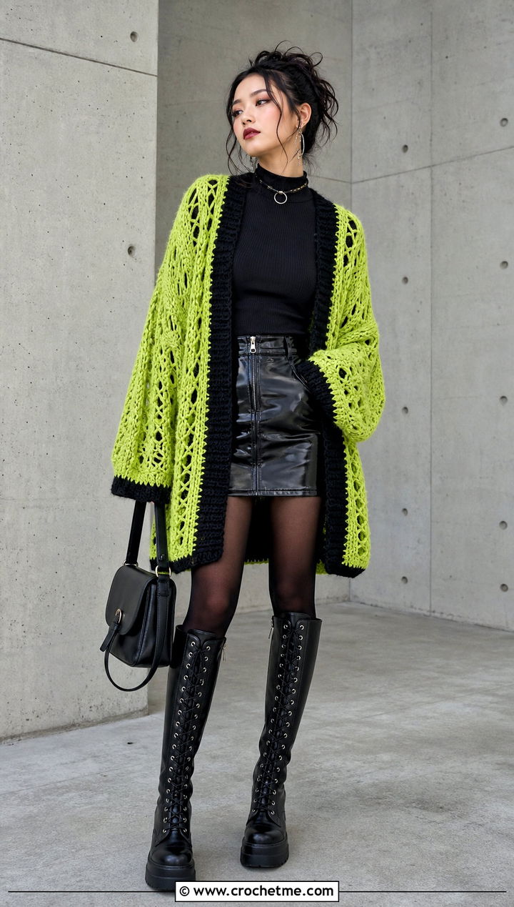 Oversized Goth Crochet Cardigan With Vinyl Mini Skirt - 15 goth crochet cardigan outfit ideas