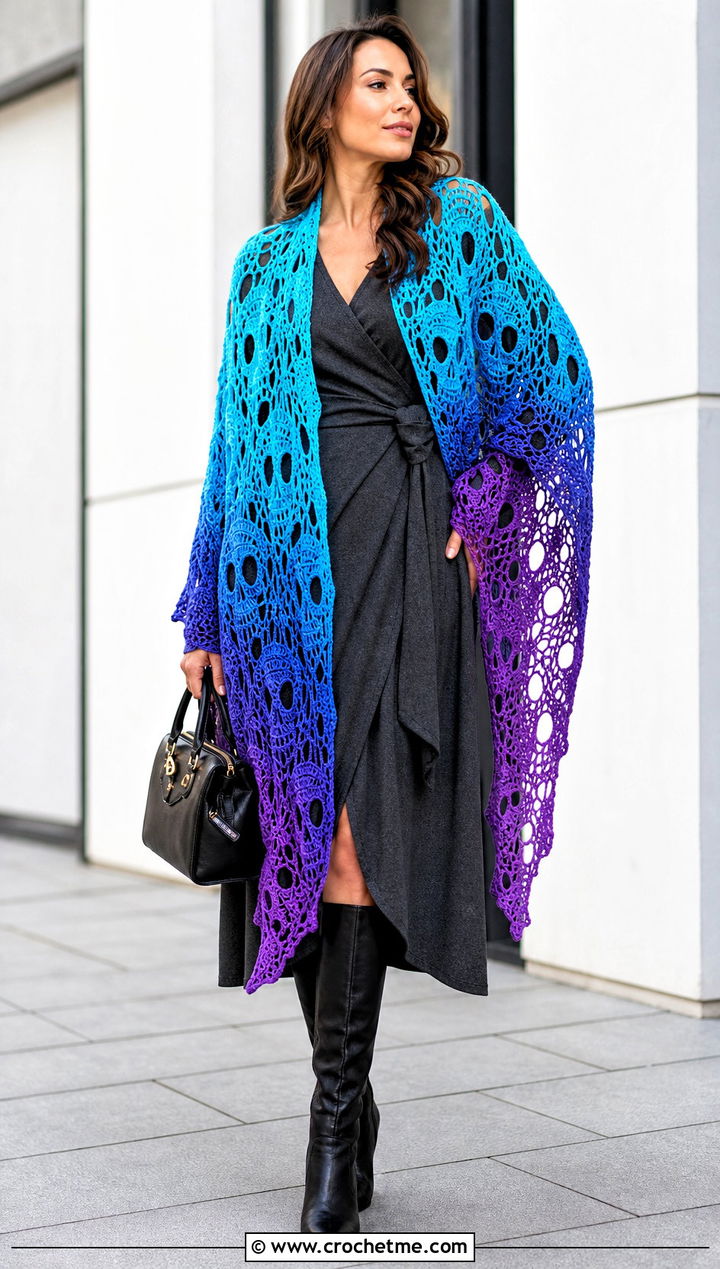 Oversized Gradient Lost Souls Shawl With Wrap Dress - 35 crochet lost souls shawl outfit ideas