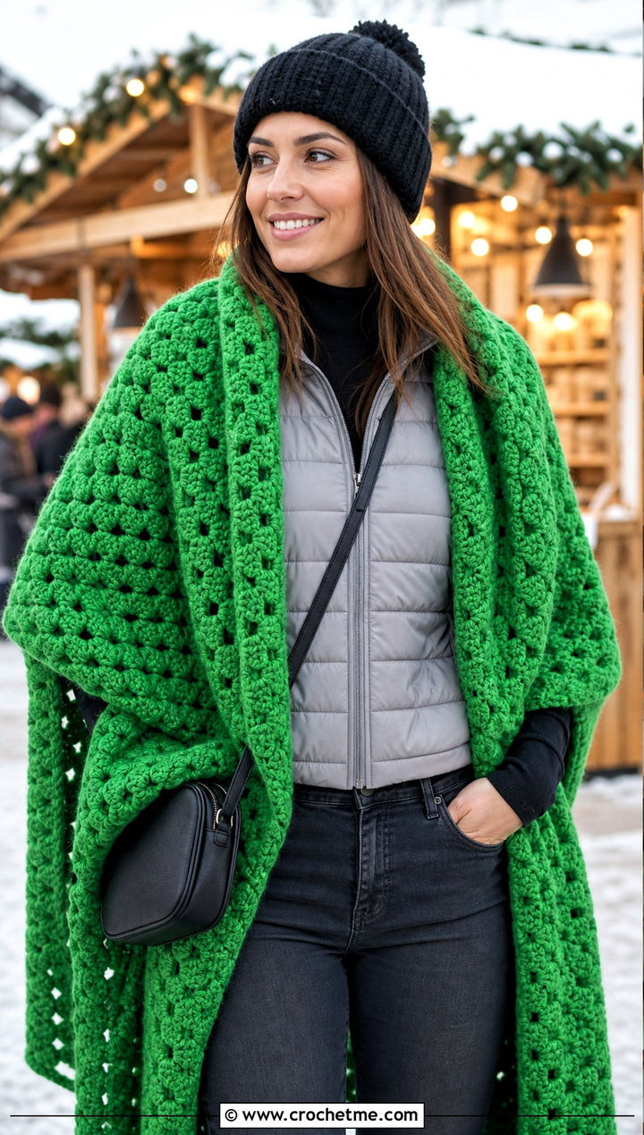 Oversized Granny Crochet Blanket Shawl With Puffer Vest - 15 Granny Crochet Shawl outfit ideas