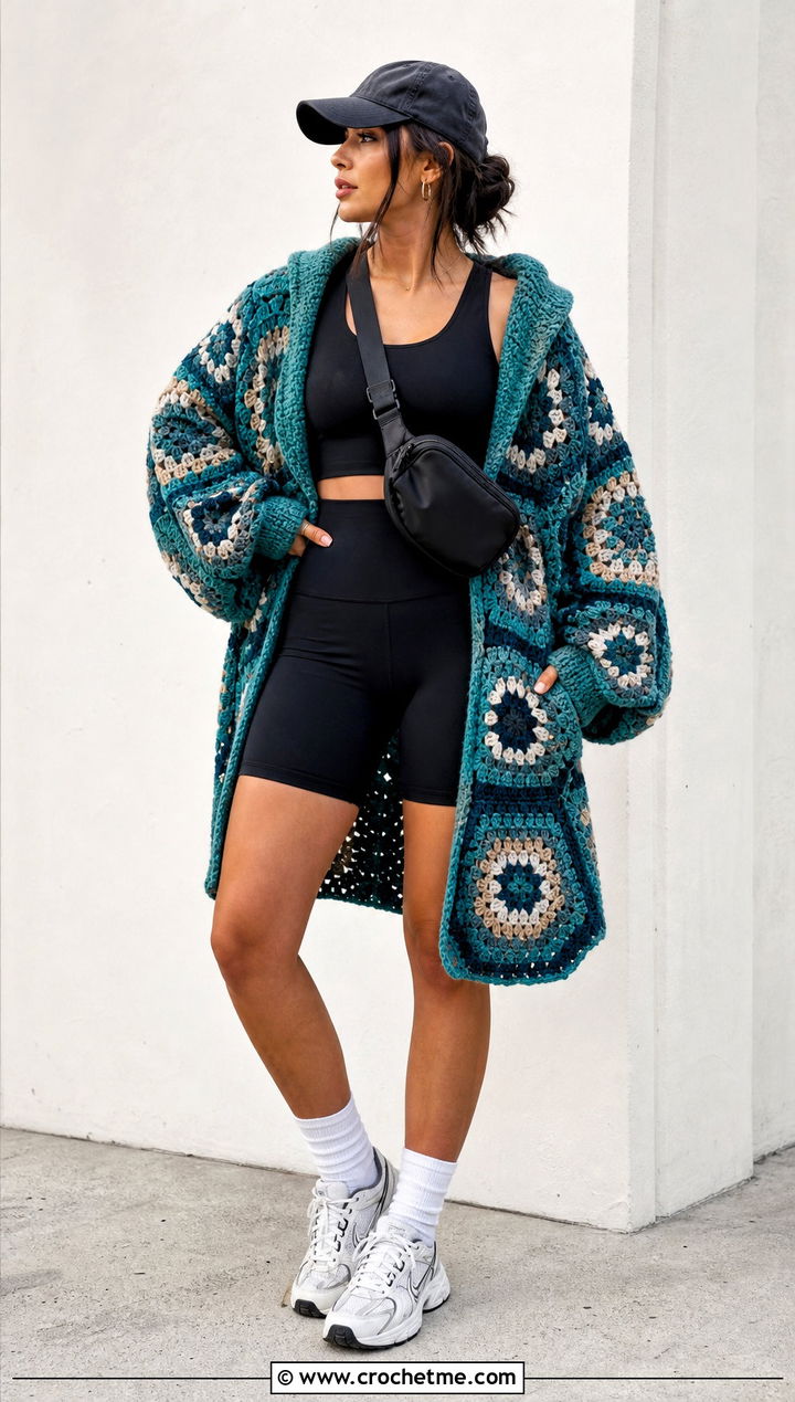 Oversized Granny Hexagon Cardigan With Hood And Bike Shorts - 25 Crochet Hexagon Cardigan With Hood outfit ideas