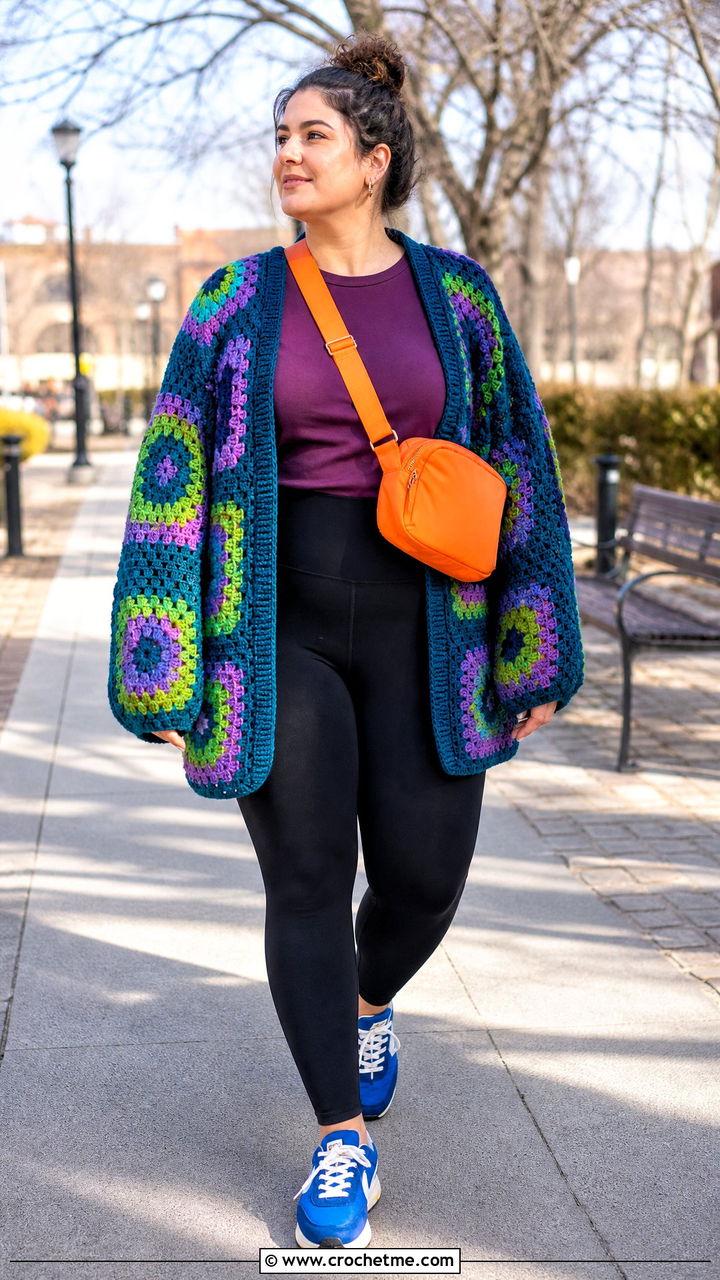 Oversized Granny Hexagon Cardigan With Leggings - 35 crochet hexagon cardigan outfit ideas