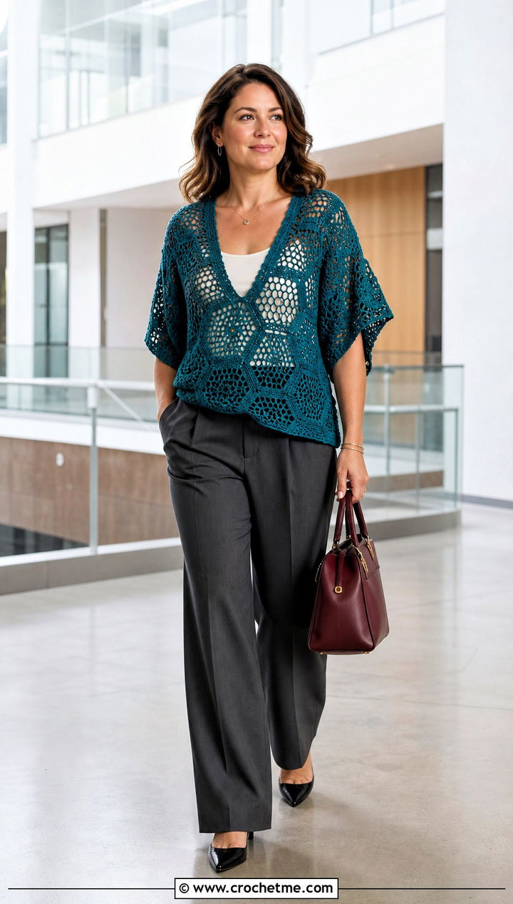 Oversized Granny Hexagon Top With Wide Leg Trousers - 35 crochet hexagon top outfit ideas