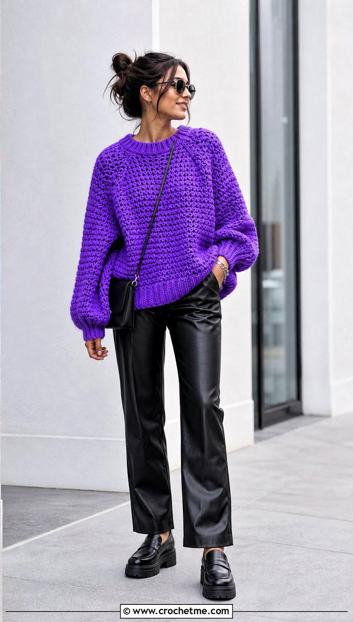 Oversized Granny Raglan Sweater With Leather Pants - 20 Crochet Granny Raglan Sweater outfit ideas