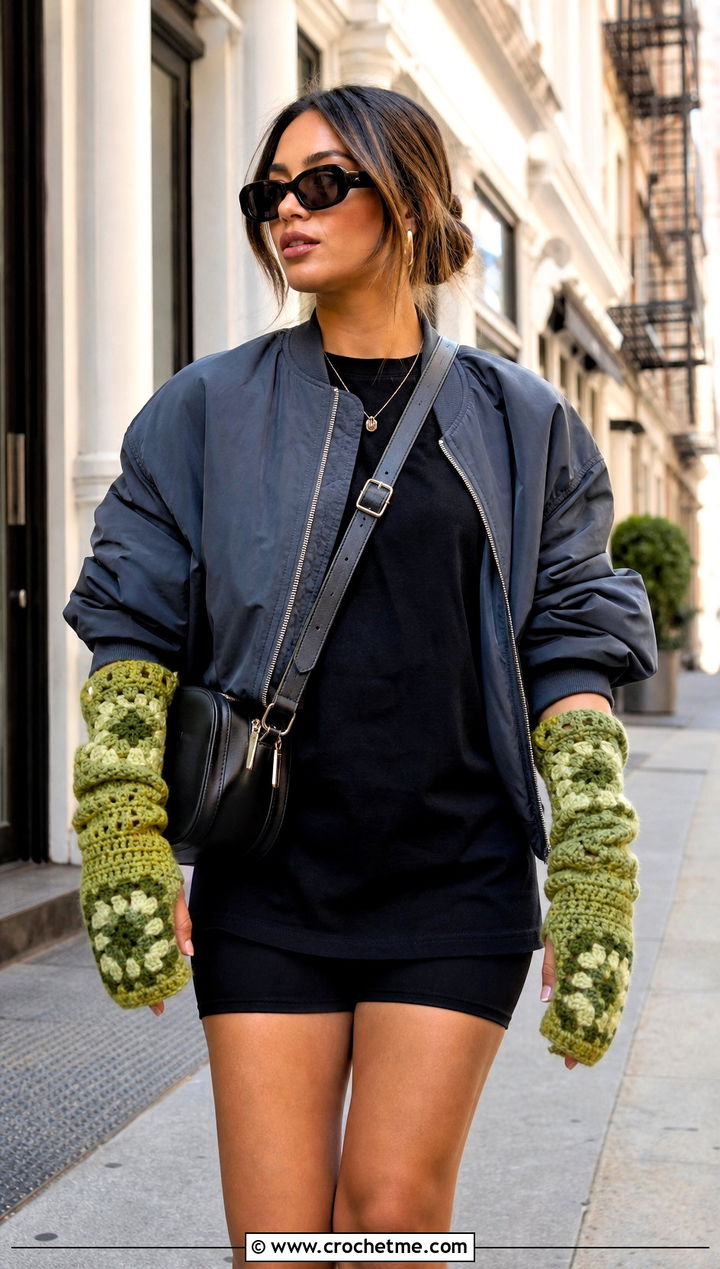 Oversized Granny Square Arm Warmers With Bomber Jacket And Bike Shorts - 25 Granny Square Arm Warmers outfit ideas