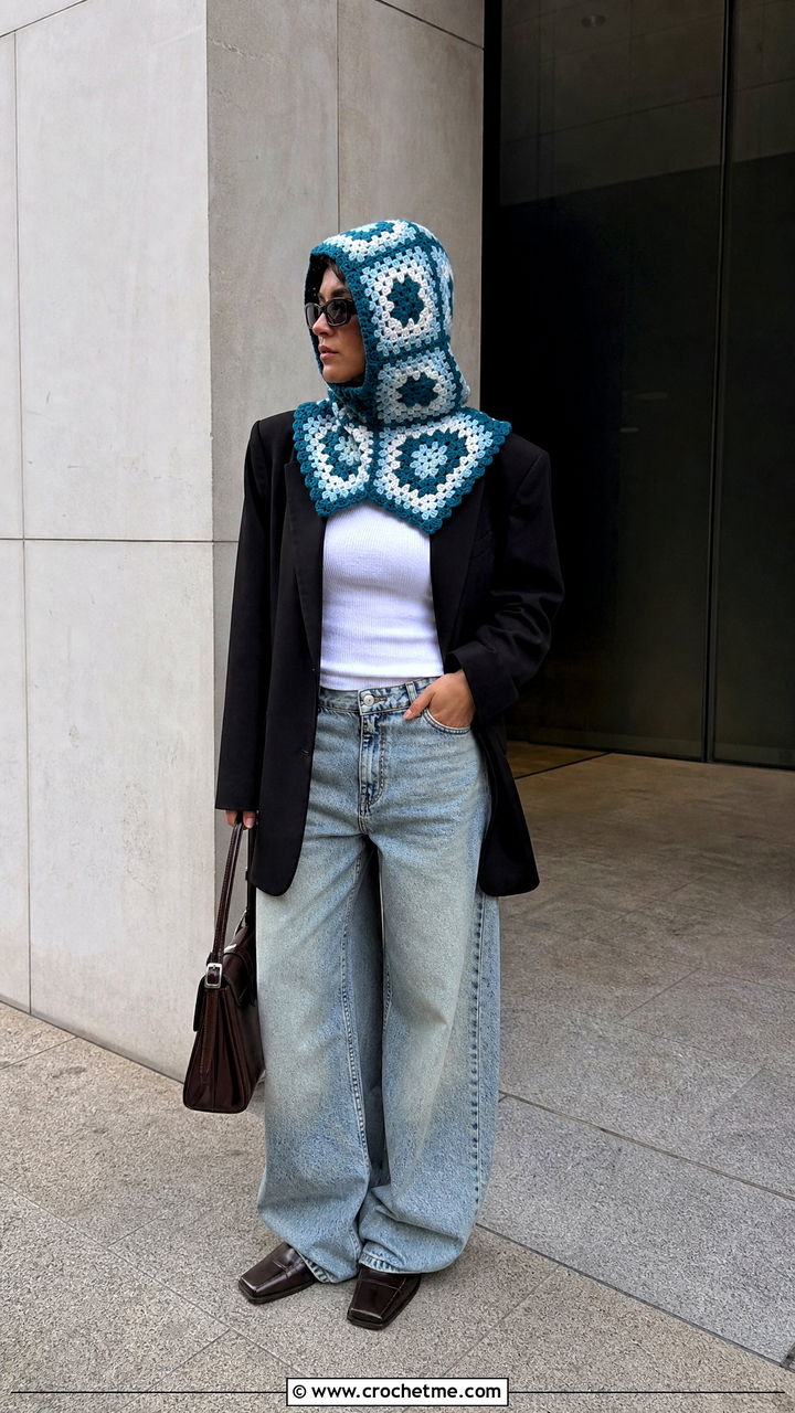 Oversized Granny Square Balaclava With Blazer - 35 granny square balaclava outfit ideas