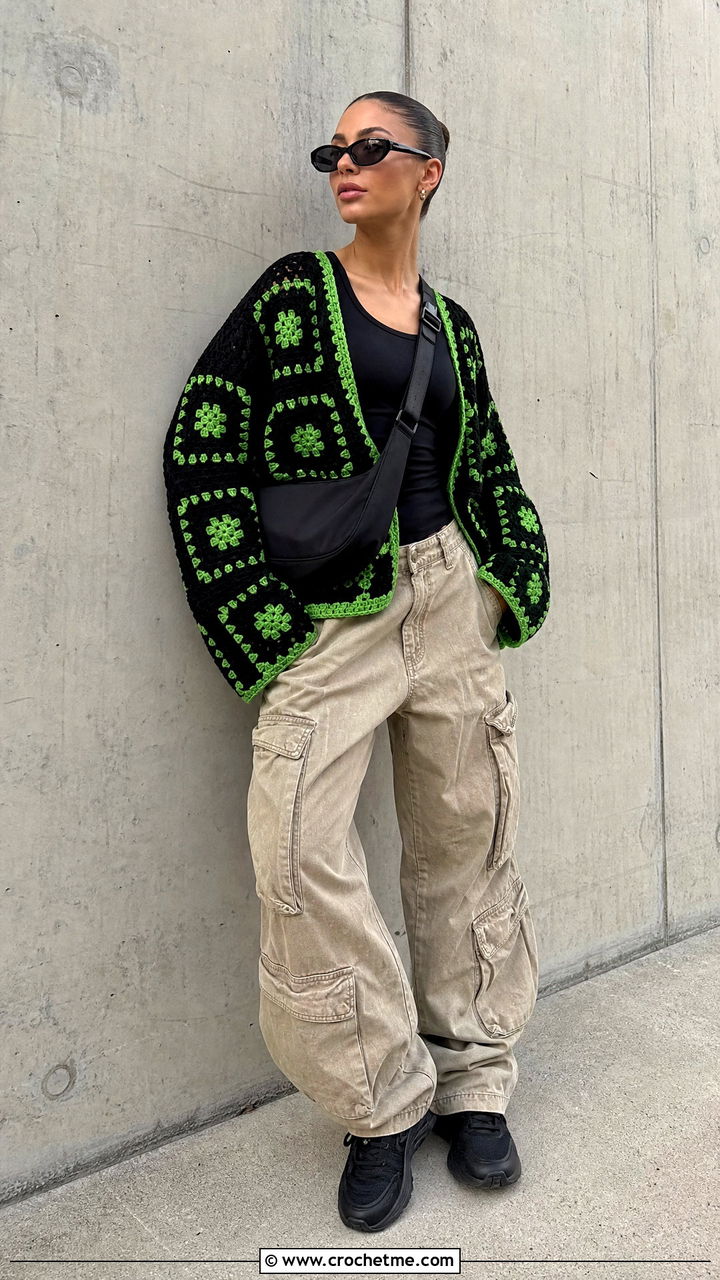 Oversized Granny Square Black Crochet Sweater With Cargo Pants - 35 black crochet sweater outfit ideas