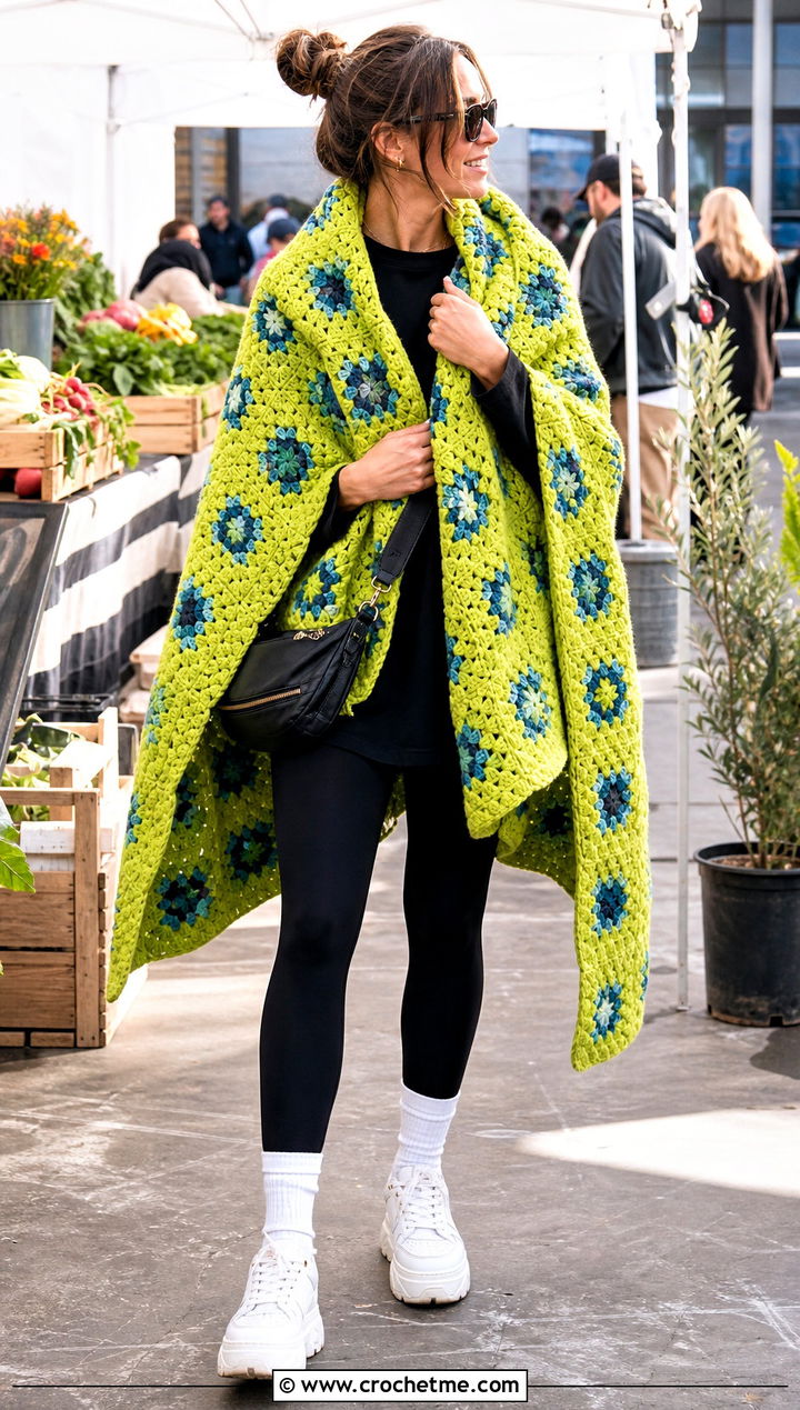 Oversized Granny Square Blanket Wrap With Leggings - 30 granny square wrap outfit ideas