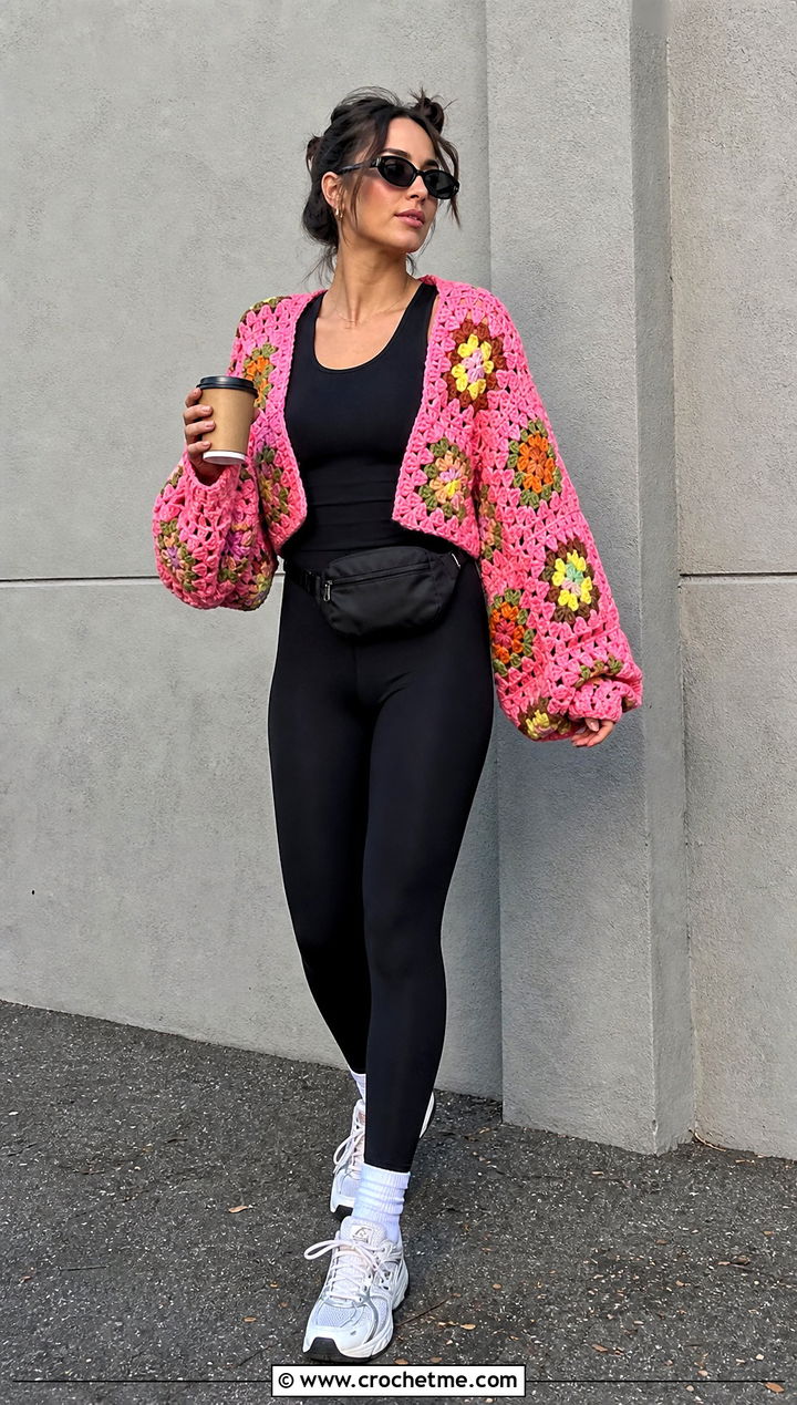 Oversized Granny Square Bolero With Leggings - 35 granny square bolero outfit ideas