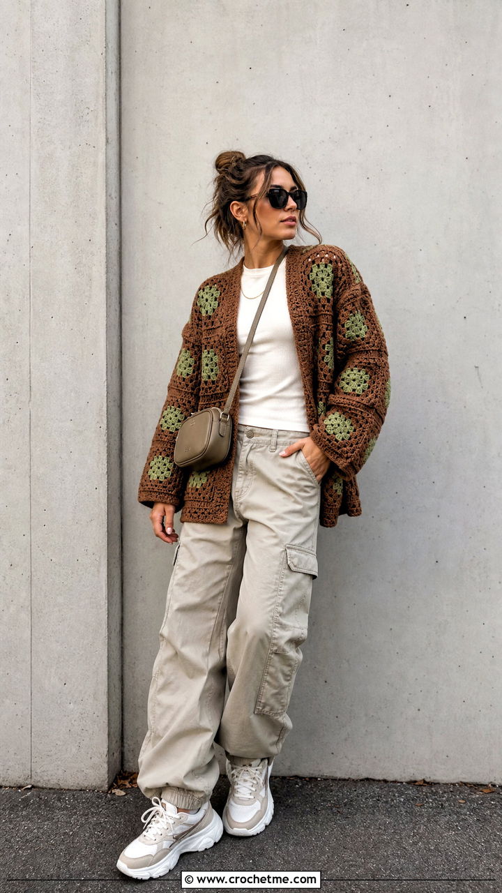 Oversized Granny Square Brown Crochet Cardigan With Cargo Pants - 35 Brown Crochet Cardigan outfit ideas
