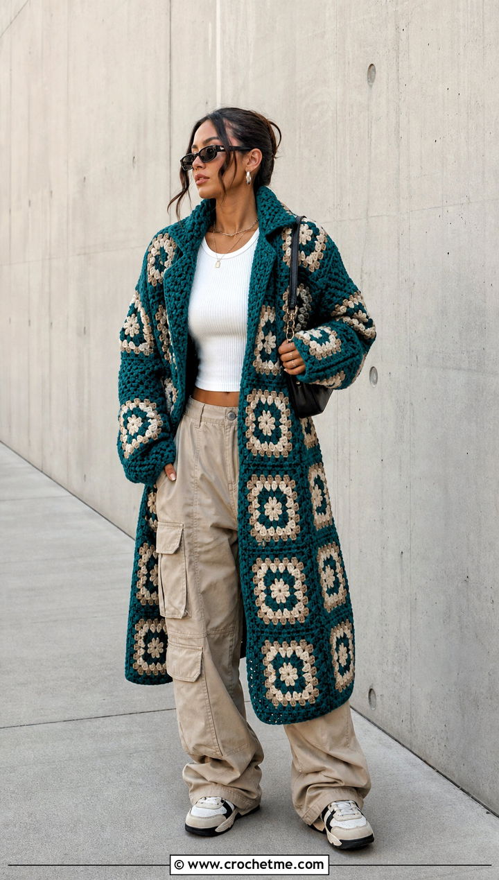 Oversized Granny Square Car Coat With Cargo Pants - 15 Granny Square Car Coat outfit ideas