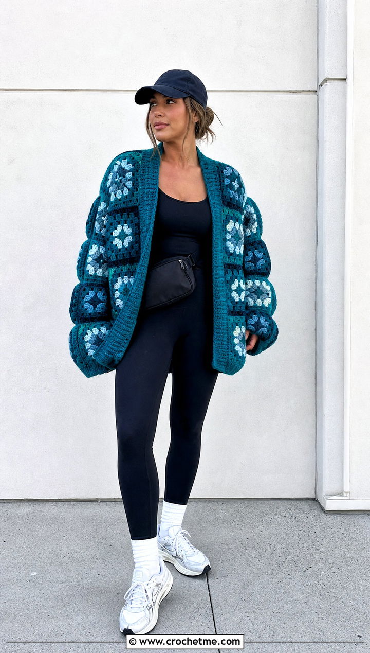 Oversized Granny Square Cardigan Jacket With Leggings - 35 granny square crochet cardigan jacket outfit ideas