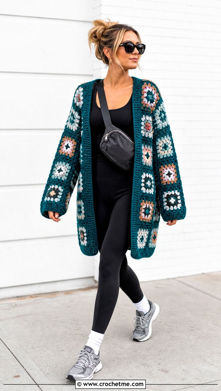 Oversized Granny Square Cardigan With Black Leggings - 25 One Granny Square Cardigan outfit ideas